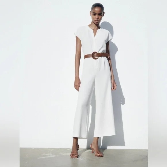 NWT ZARA Wide-Leg Belted Jumpsuit Oyster White Size L